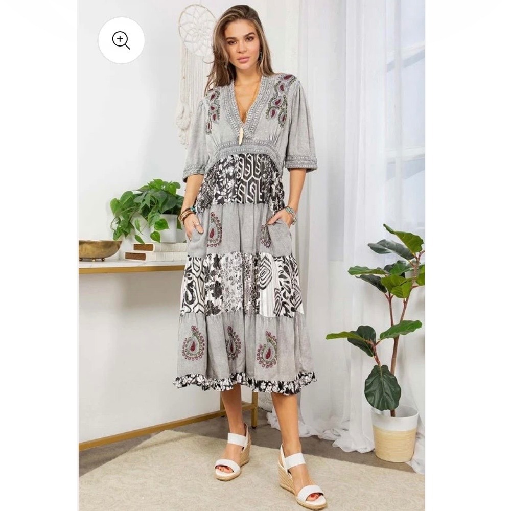Youngโ Threads Paisley Patchwork Embroidery Ruffle Boho Midi Dress Pockets S